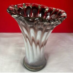 Handblown Glass Petal Vase Chocolate White Swirl Stretched Art Vintage
